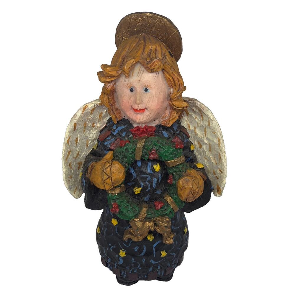 Vintage Primitive Folk Art Christmas Angel Girl Figurine Resin Faux Carved Wood